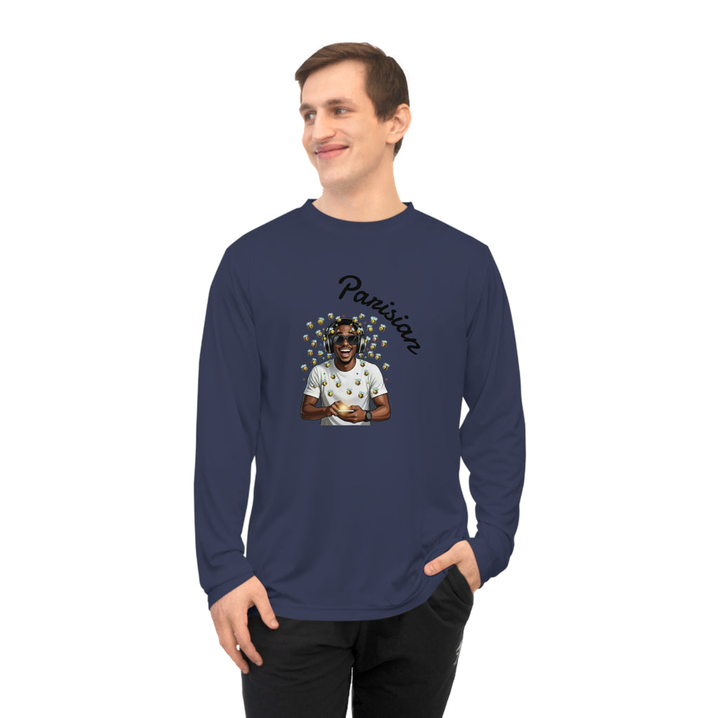 Graphic Long Sleeve Shirt — Smiling Man with Patterned Background