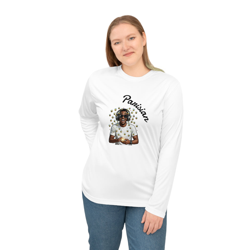 Graphic Long Sleeve Shirt — Smiling Man with Patterned Background