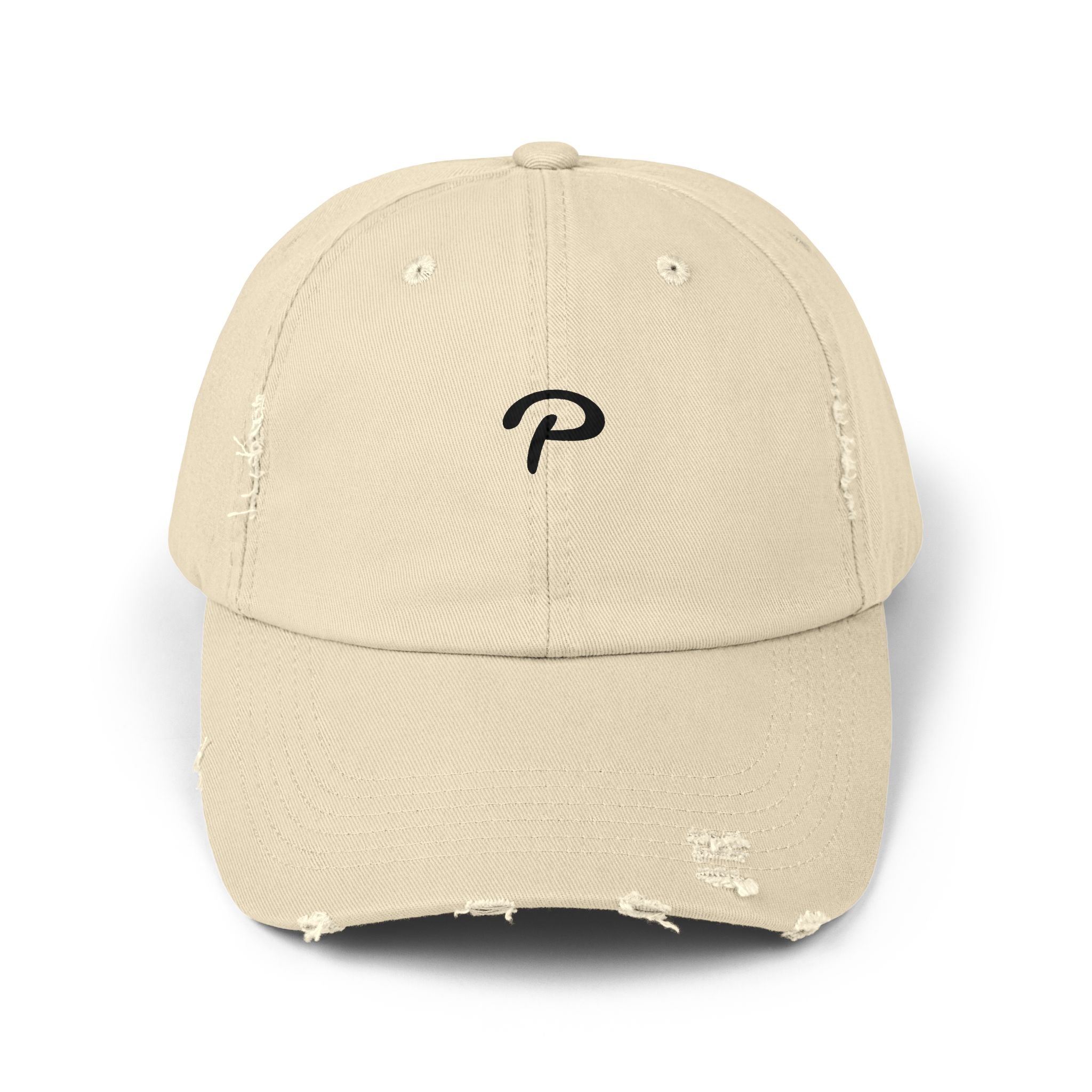 Distressed Dad Hat with Minimal 'P' Logo — Casual Vintage Baseball Cap