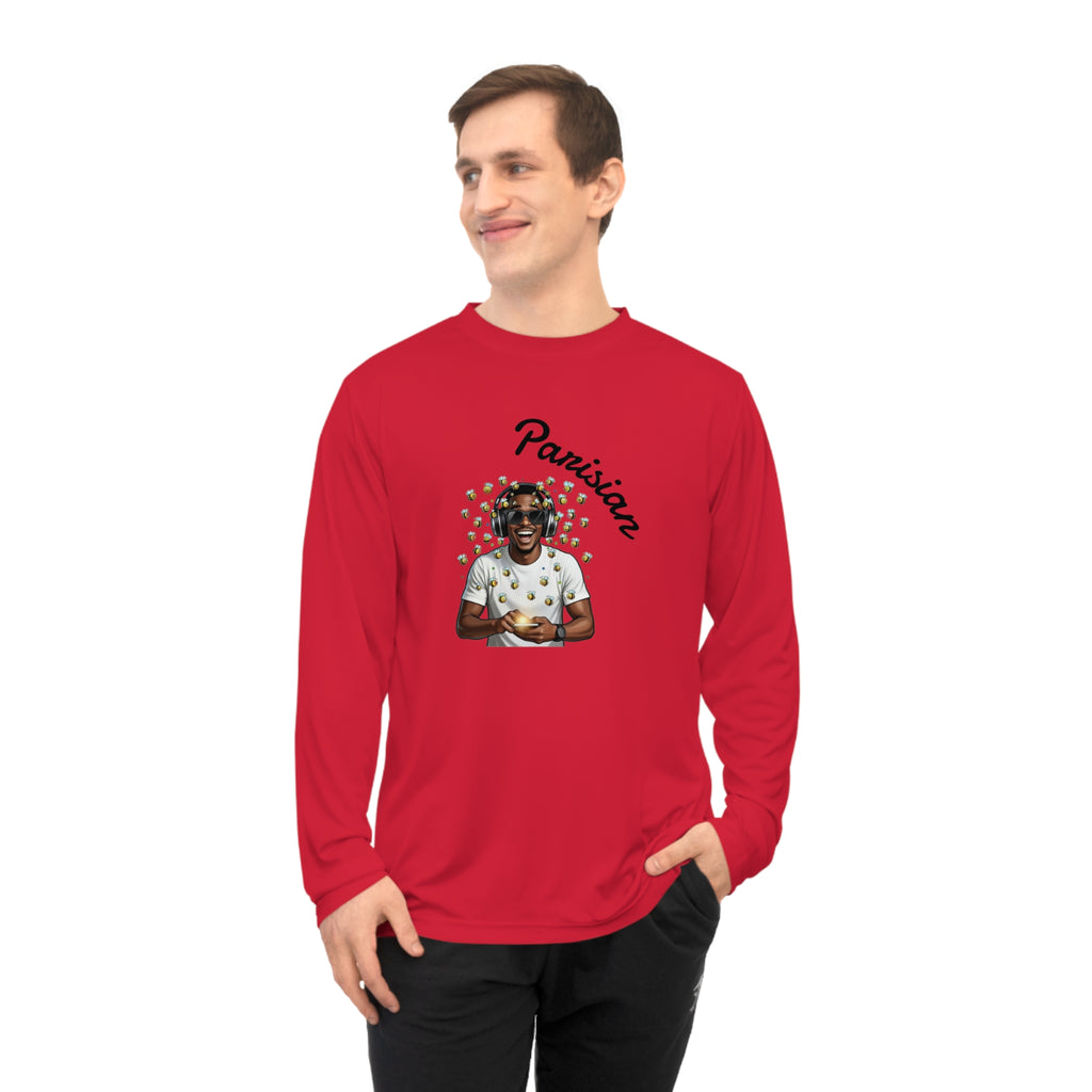 Graphic Long Sleeve Shirt — Smiling Man with Patterned Background