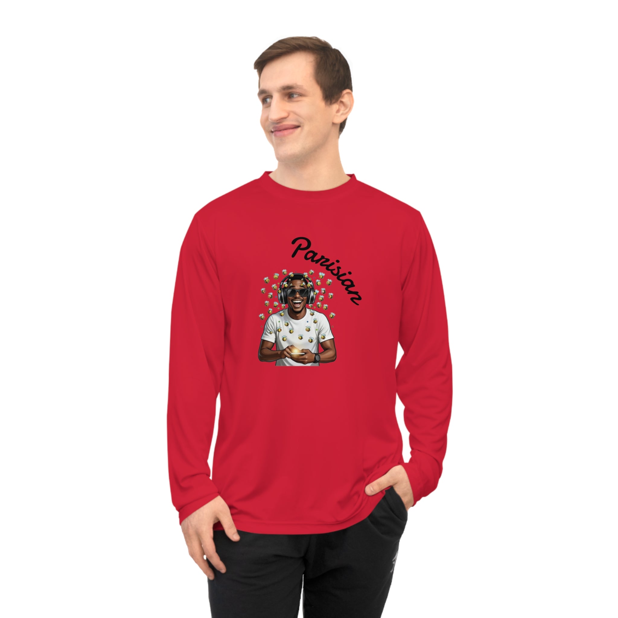 Graphic Long Sleeve Shirt — Smiling Man with Patterned Background