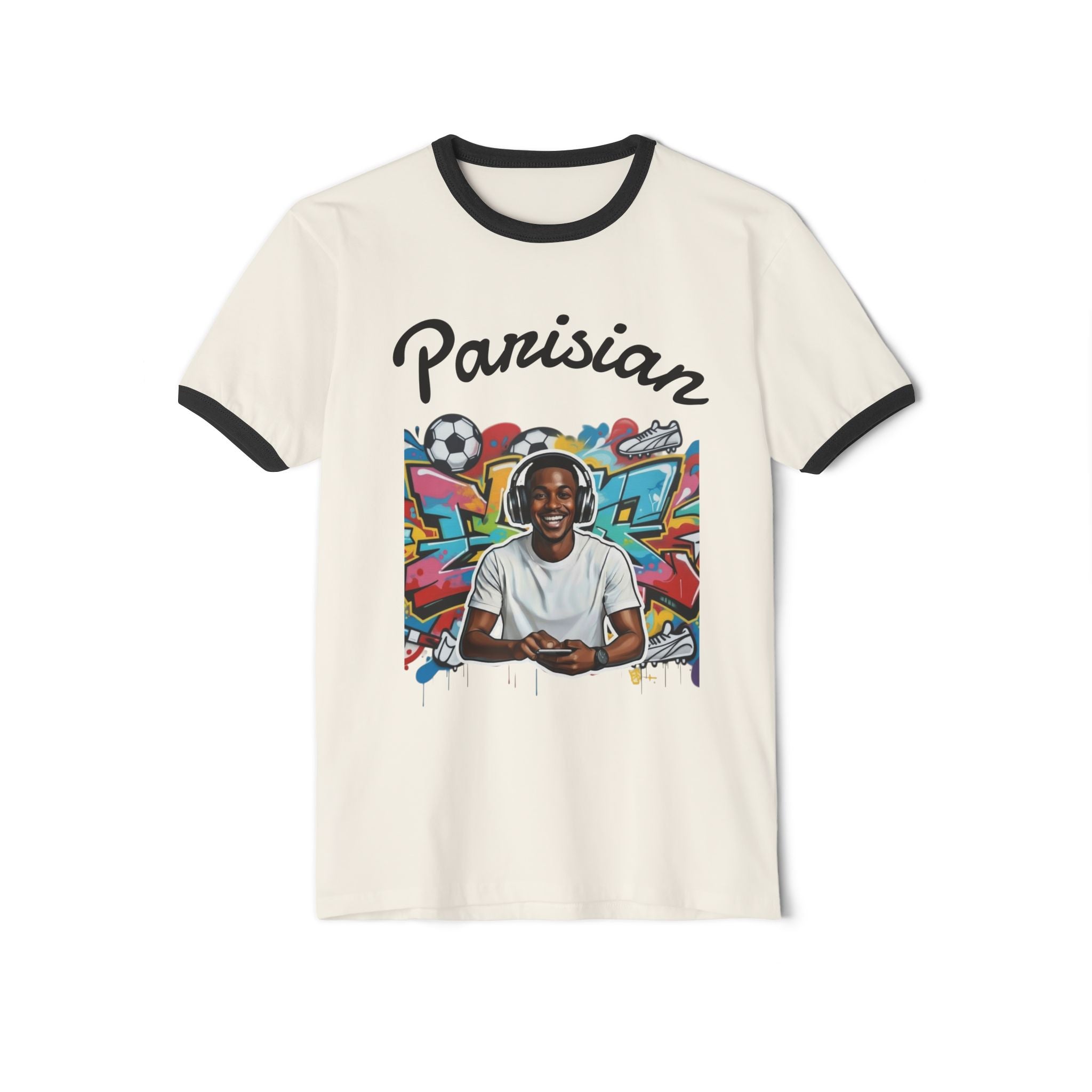 Parisian Graphic Ringer Tee — Retro Street Art Soccer Portrait