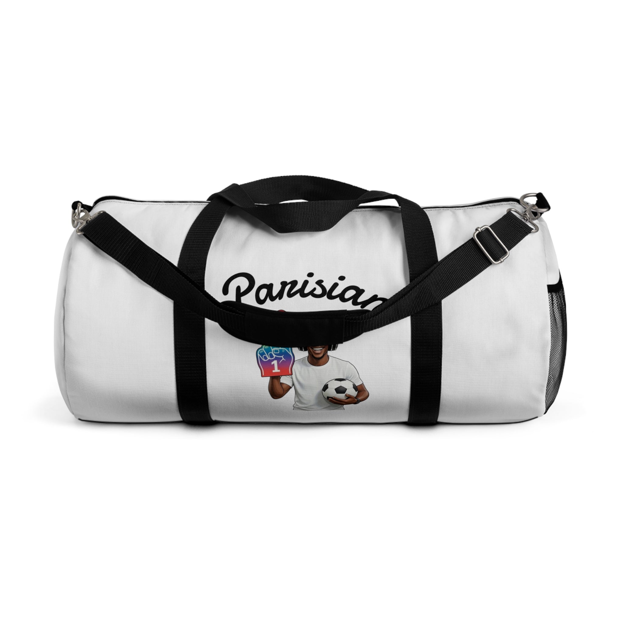 Parisian Soccer Duffel Bag — Travel Gym Bag with Soccer Player & Rainbow Ice Cream Graphic