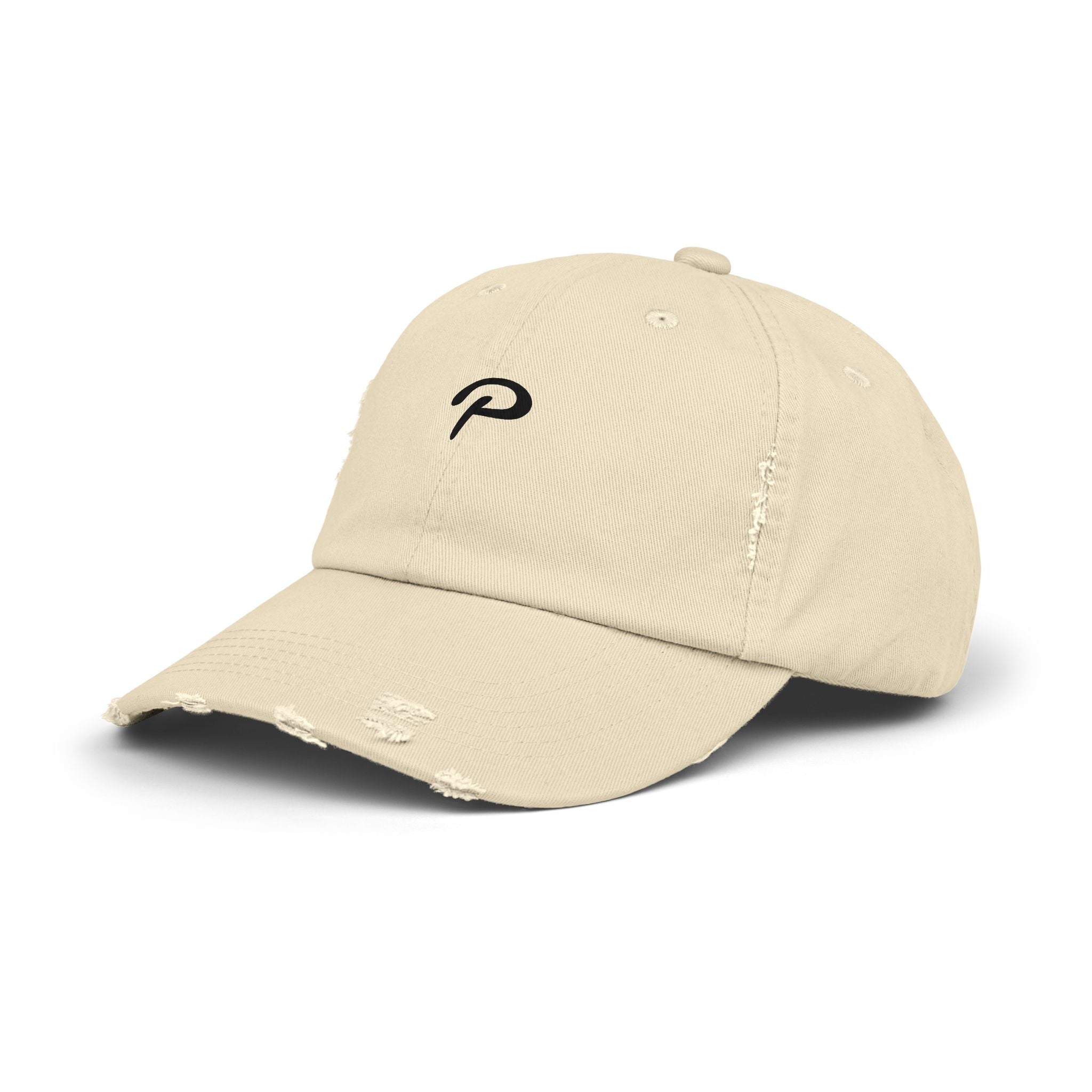 Distressed Dad Hat with Minimal 'P' Logo — Casual Vintage Baseball Cap