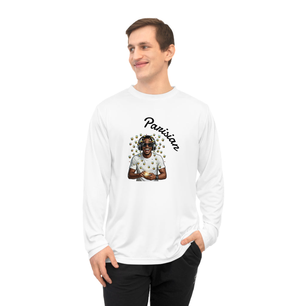Graphic Long Sleeve Shirt — Smiling Man with Patterned Background