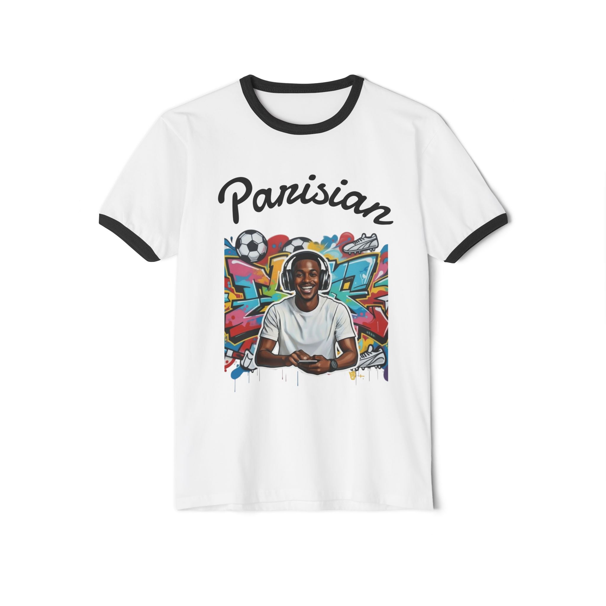 Parisian Graphic Ringer Tee — Retro Street Art Soccer Portrait