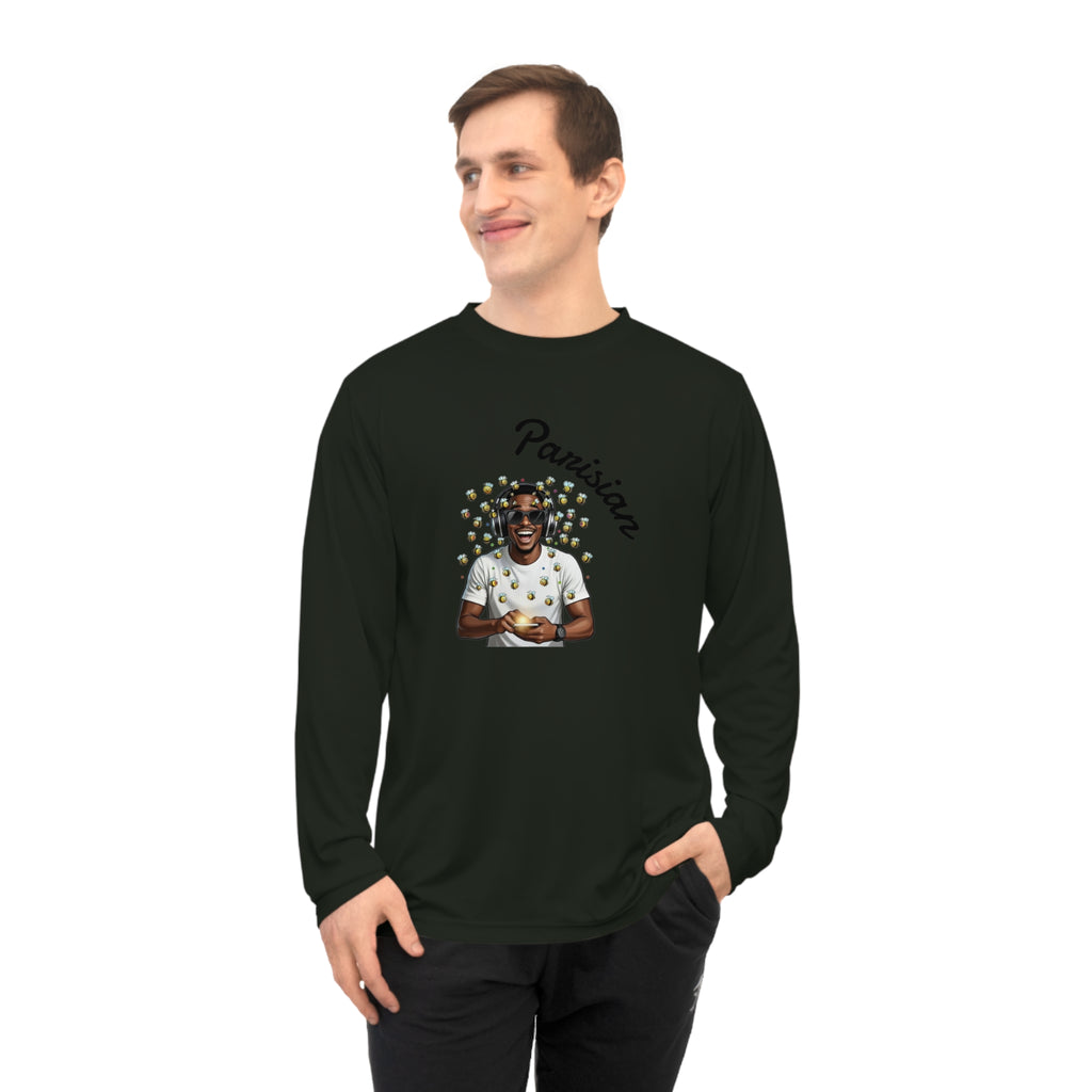 Graphic Long Sleeve Shirt — Smiling Man with Patterned Background