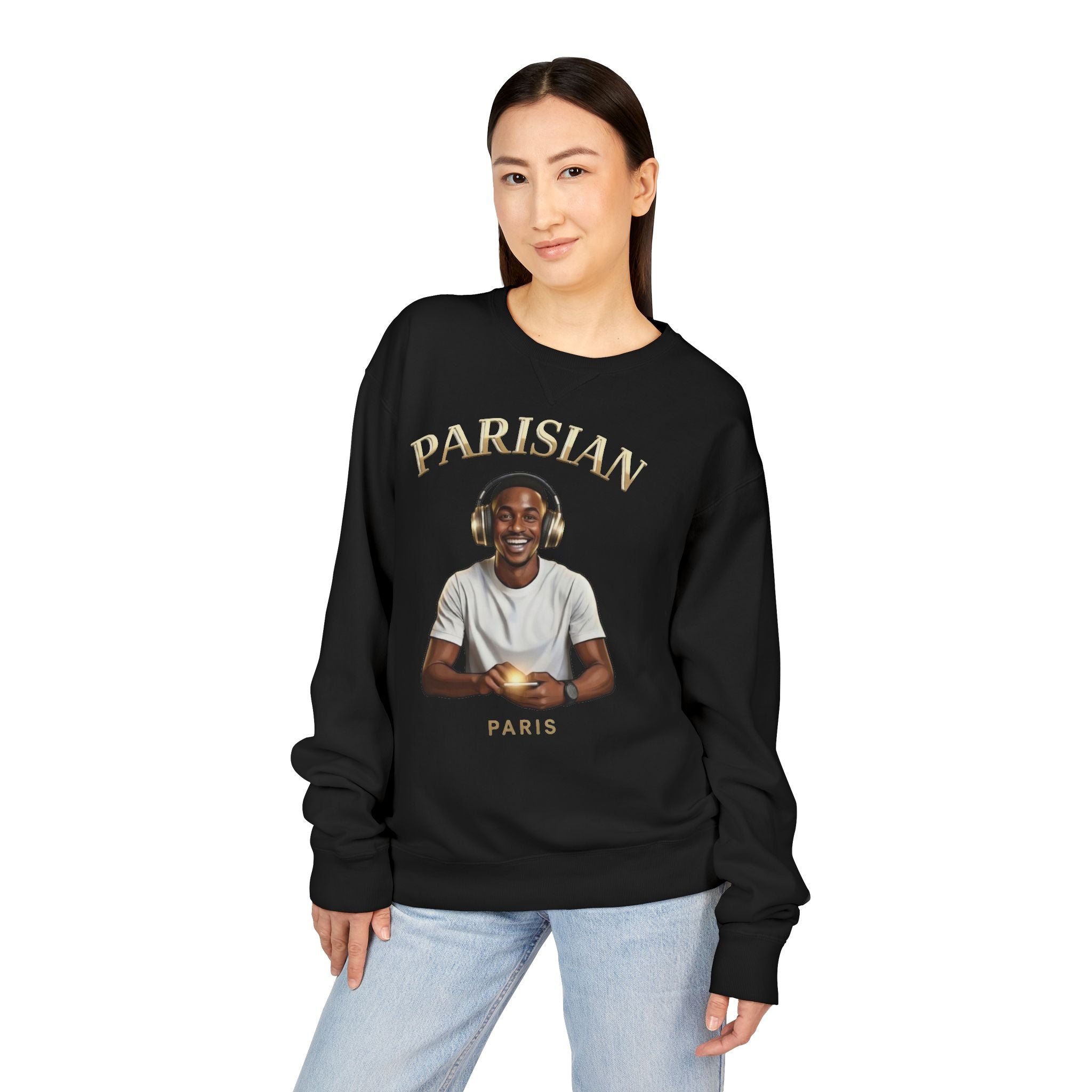 Crewneck Sweatshirt — 'Parisian' Graphic Pullover with Headphone Portrait