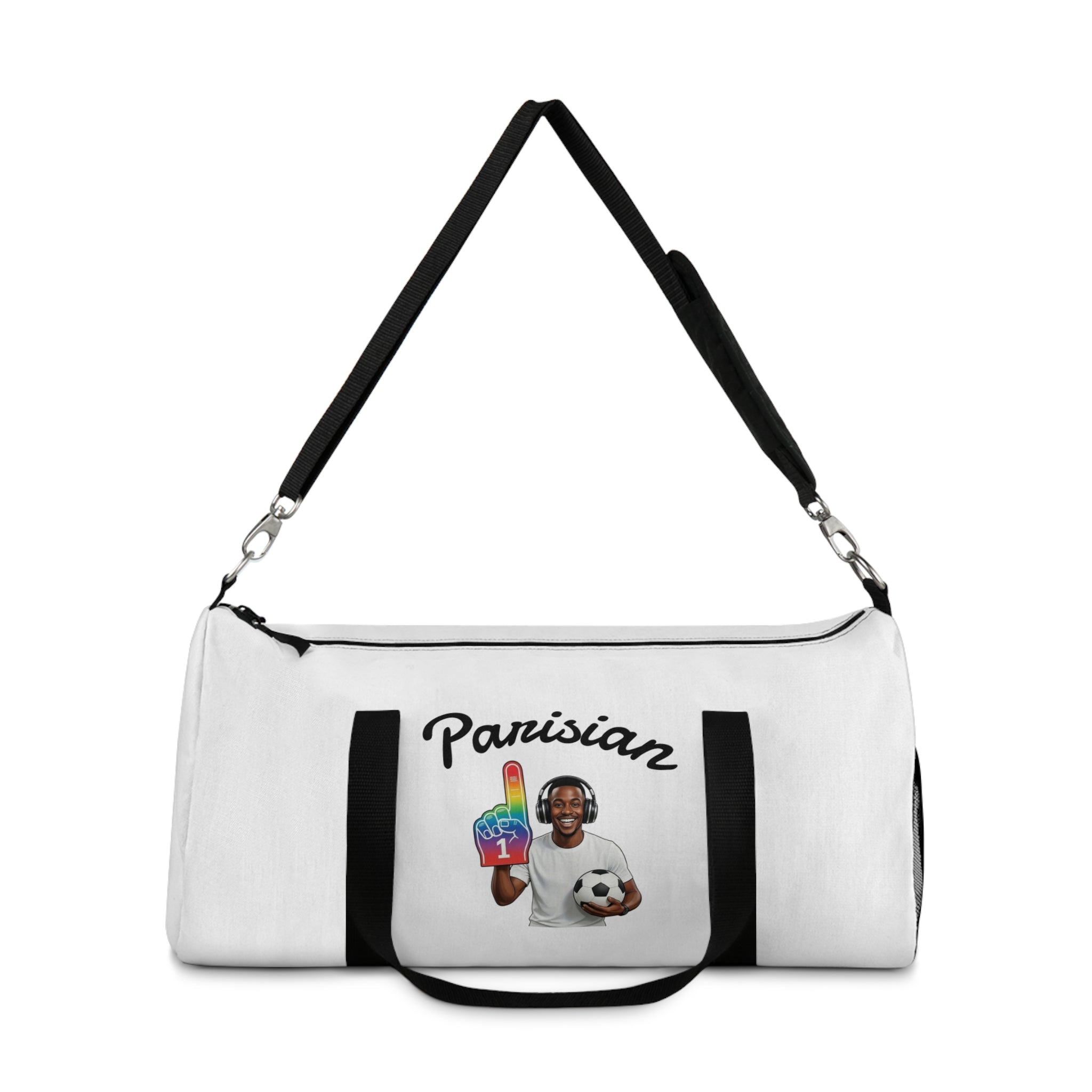 Parisian Soccer Duffel Bag — Travel Gym Bag with Soccer Player & Rainbow Ice Cream Graphic