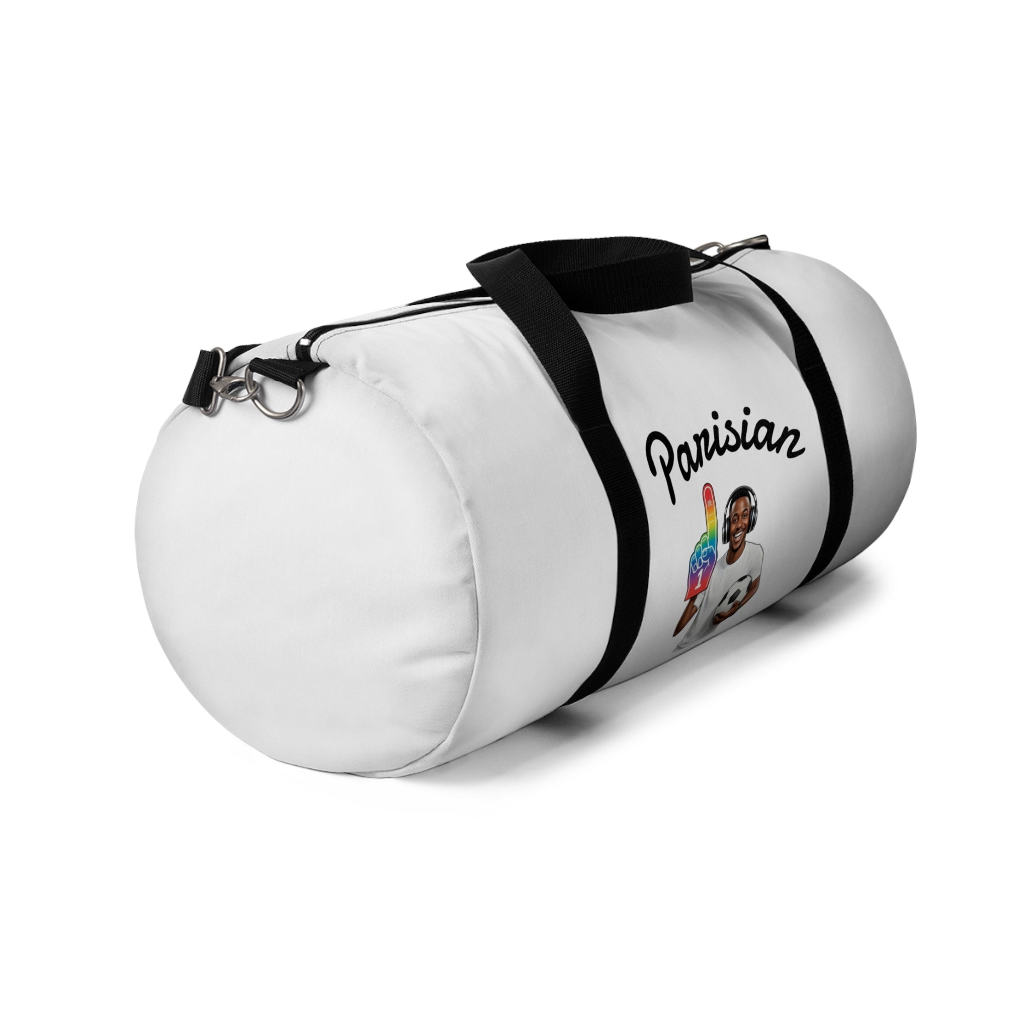 Parisian Soccer Duffel Bag — Travel Gym Bag with Soccer Player & Rainbow Ice Cream Graphic