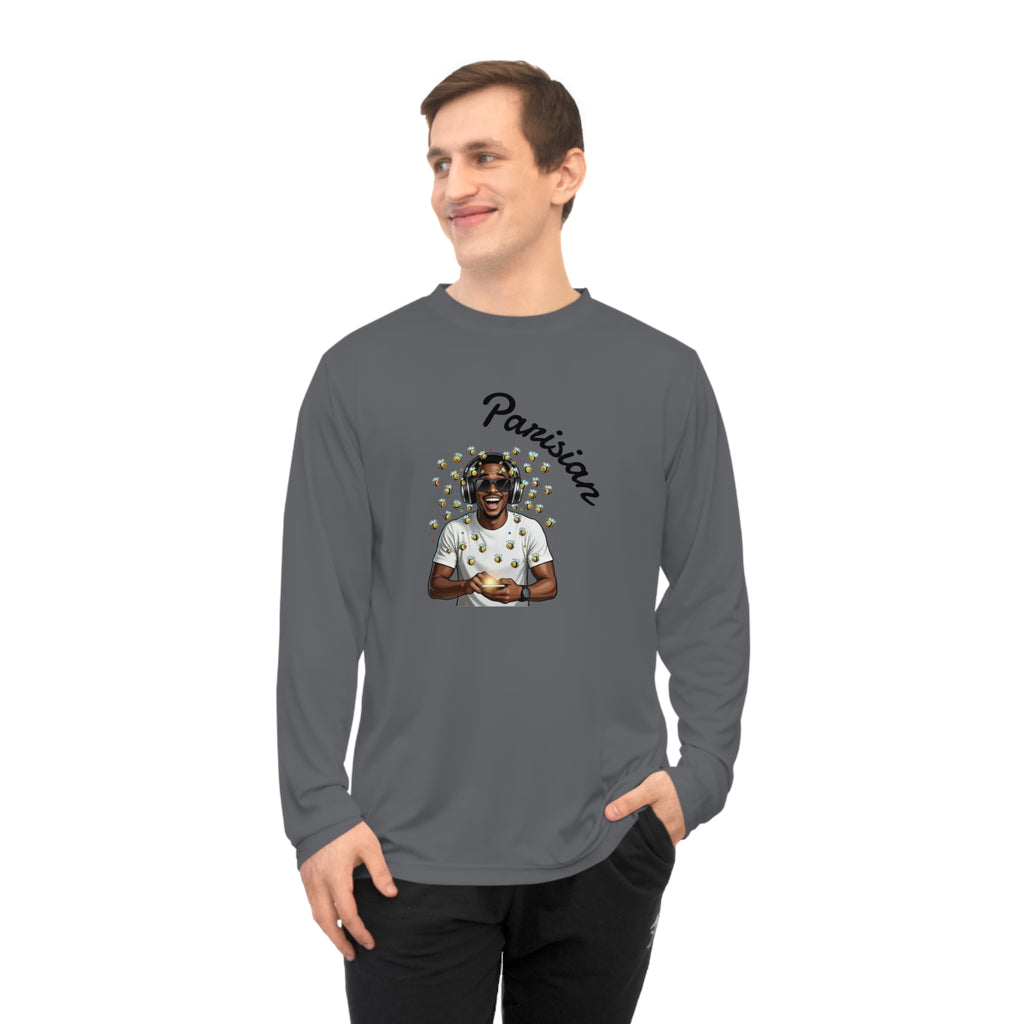 Graphic Long Sleeve Shirt — Smiling Man with Patterned Background