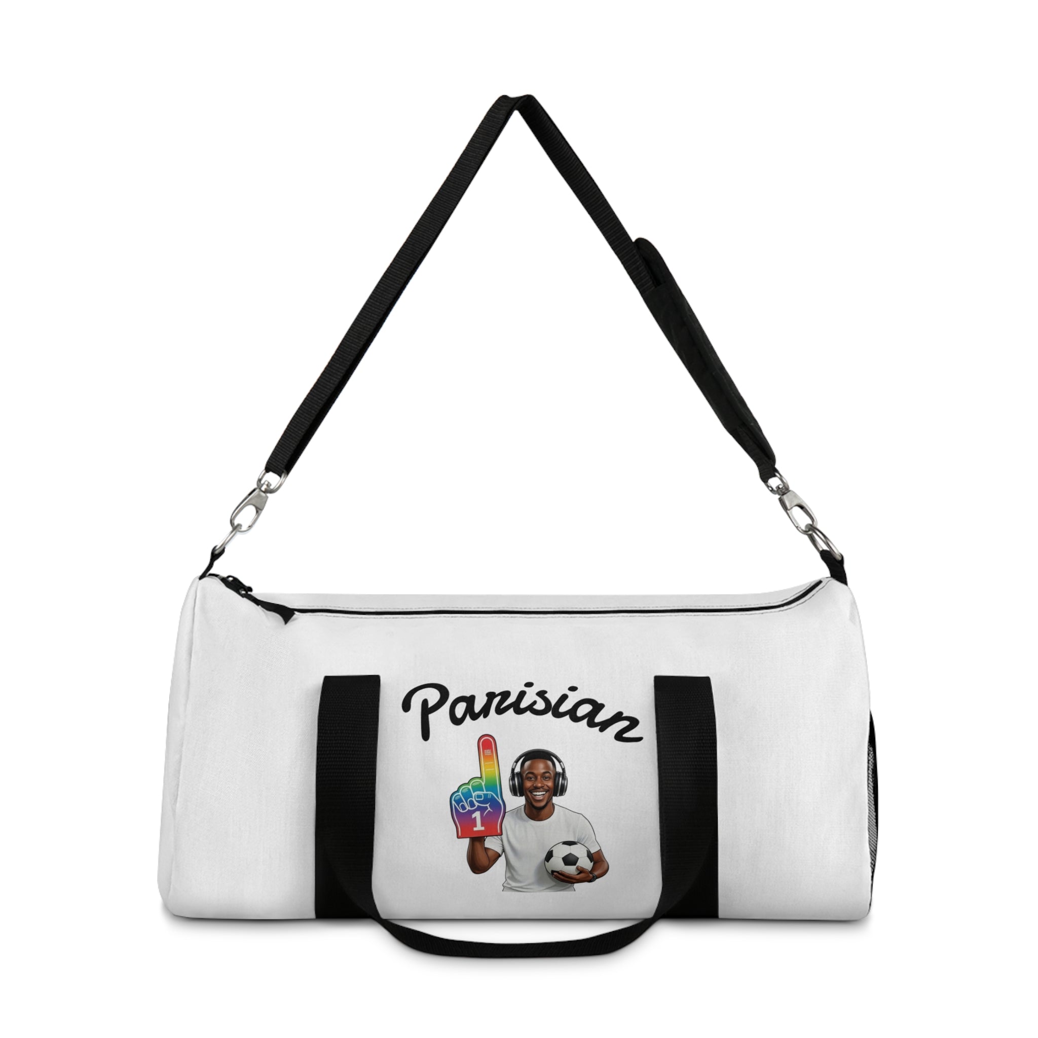 Parisian Soccer Duffel Bag — Travel Gym Bag with Soccer Player & Rainbow Ice Cream Graphic