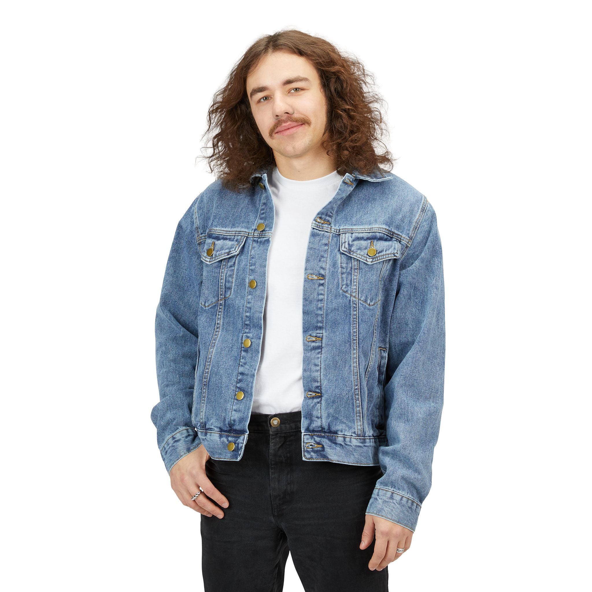 Denim Jacket — Smiling Astronaut Back Graphic Vintage-Style Men's Jean Jacket