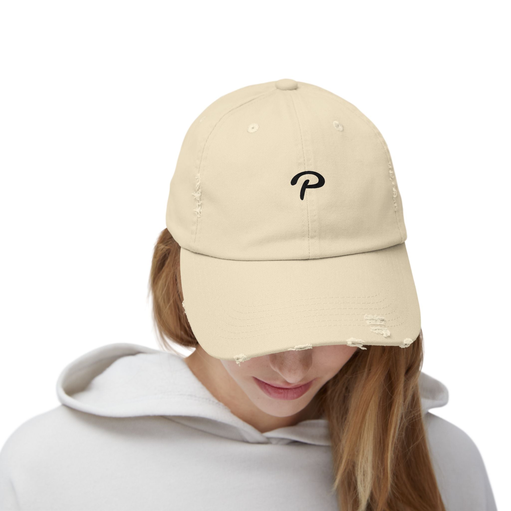 Distressed Dad Hat with Minimal 'P' Logo — Casual Vintage Baseball Cap