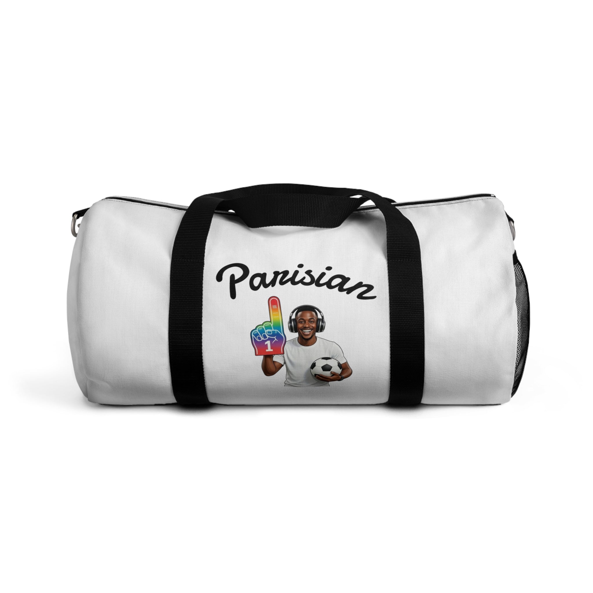 Parisian Soccer Duffel Bag — Travel Gym Bag with Soccer Player & Rainbow Ice Cream Graphic